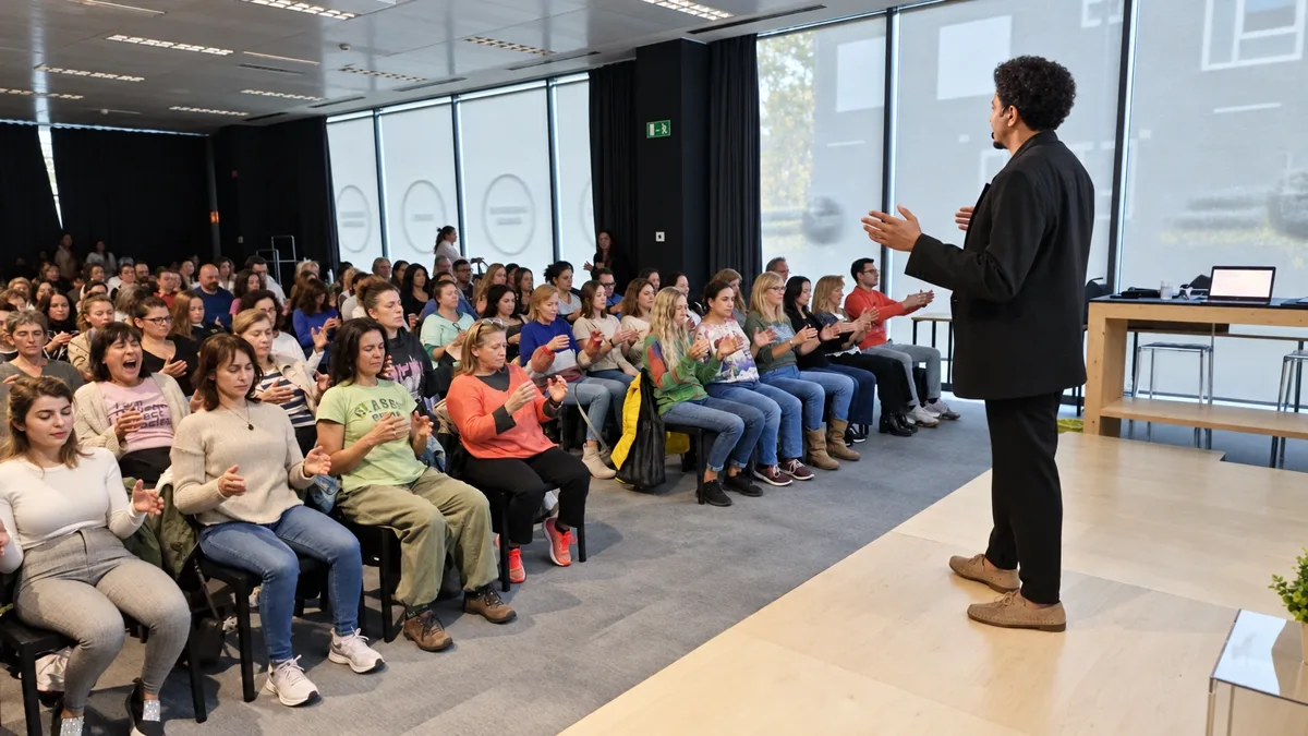 Endika impartiendo una formación ante una sala llena de participantes